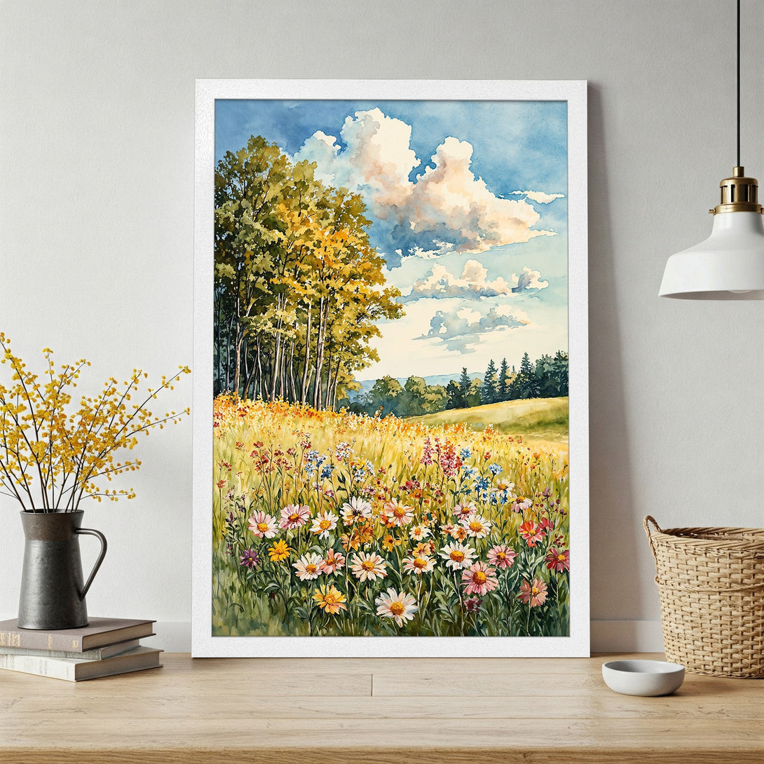 Framed Poster of a watercolor meadow scene with wildflowers, trees, and a blue sky. Soft, pastel color palette. Perfect wall art!
