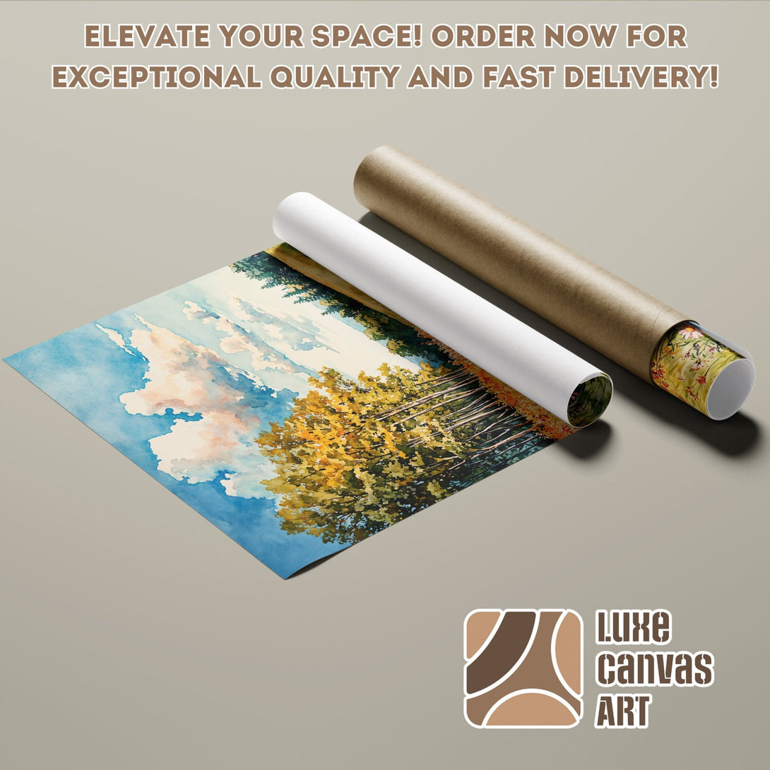 Watercolor landscape poster roll, blue sky, yellow trees, neutral tones. Elevate your space!