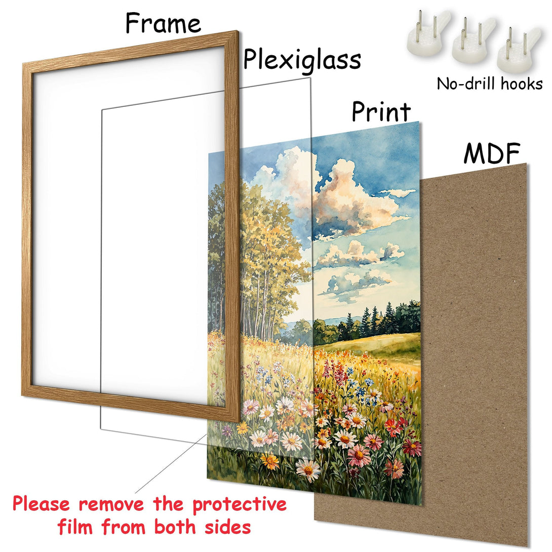 Framed Poster of a watercolor landscape with a meadow and trees. Soft colors and a natural, artistic style. Perfect home decor.