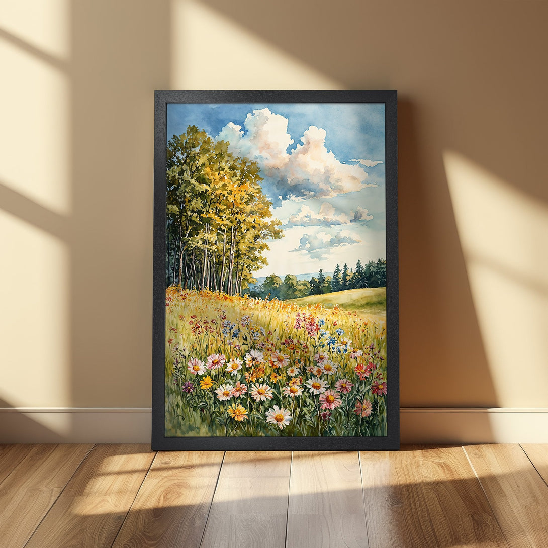 Framed Poster featuring a watercolor landscape with wildflowers, trees, and a vibrant color palette. Perfect wall art!