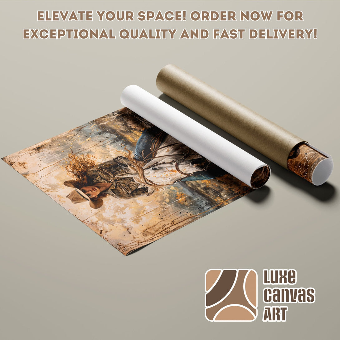 Poster Roll featuring a cowgirl in a watercolor style, with a neutral and earthy color palette. Elevate your space!