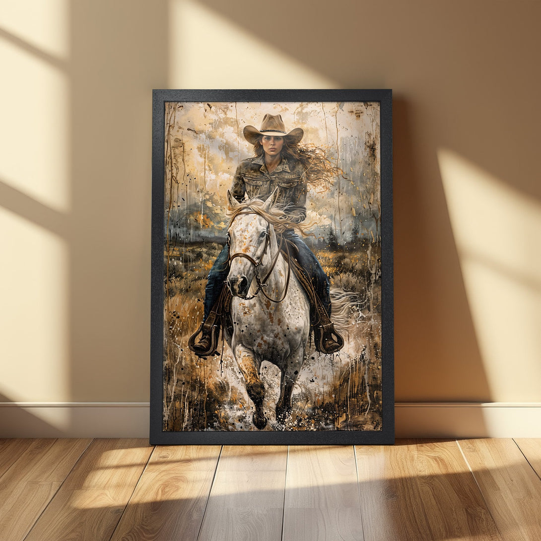 Framed Poster of a cowgirl on a white horse, artistic style with a neutral, earthy color palette. Perfect wall art for your home!