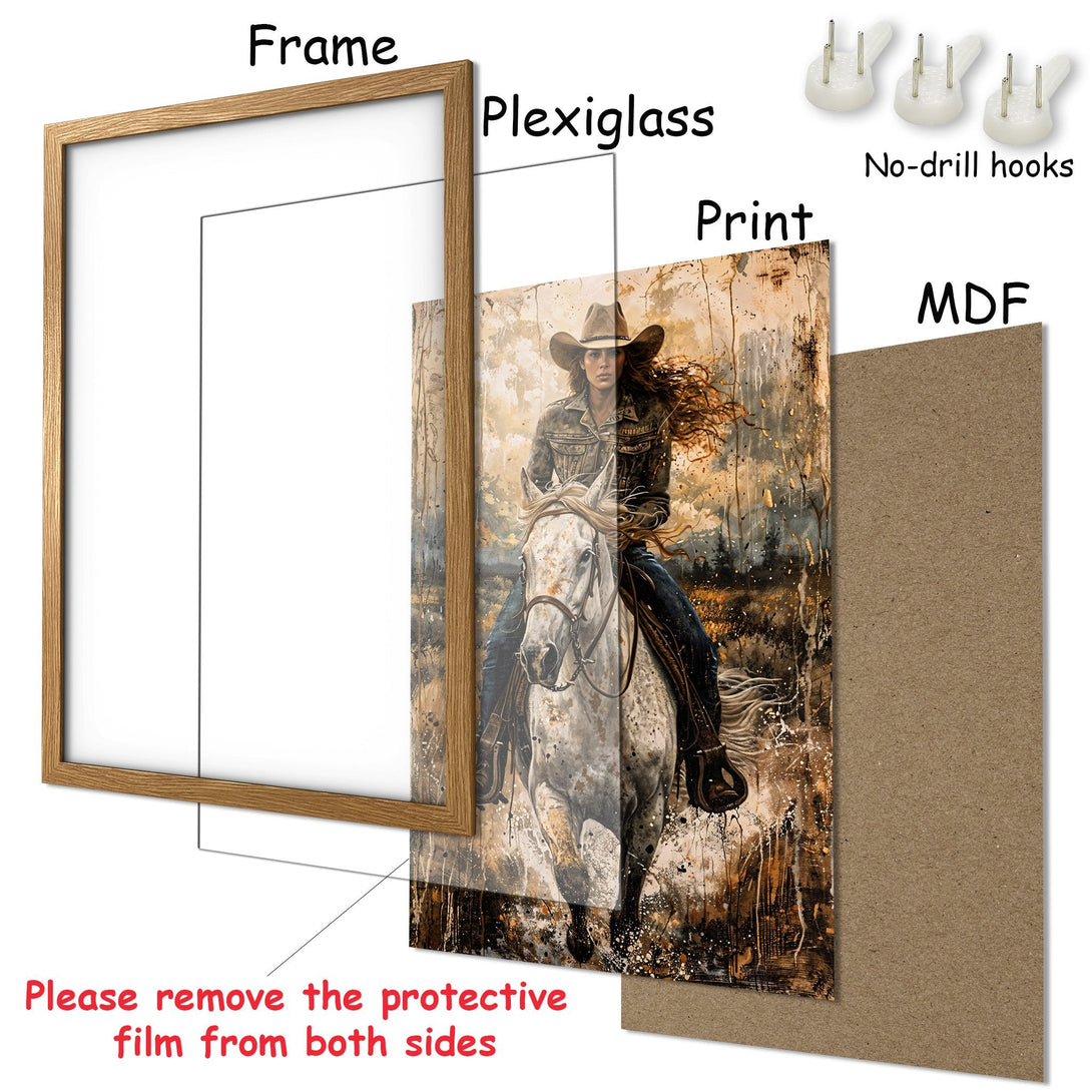 Framed Poster featuring a cowgirl on a horse, in an expressive, painterly style with a warm, earthy color palette. Ready to hang!