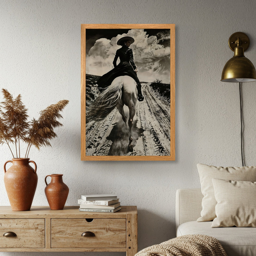 Framed Poster featuring a cowgirl on a white horse, dramatic black and white photography, western style art. Perfect wall decor!