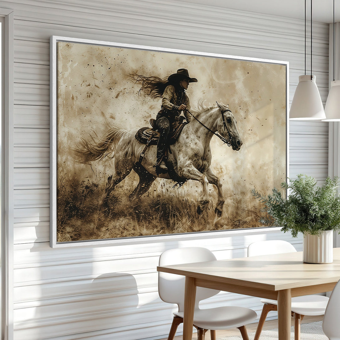 Framed Wall Art: Stunning sepia-toned canvas print of a cowgirl riding a horse, perfect for rustic or western decor. Adds a touch of vintage charm.