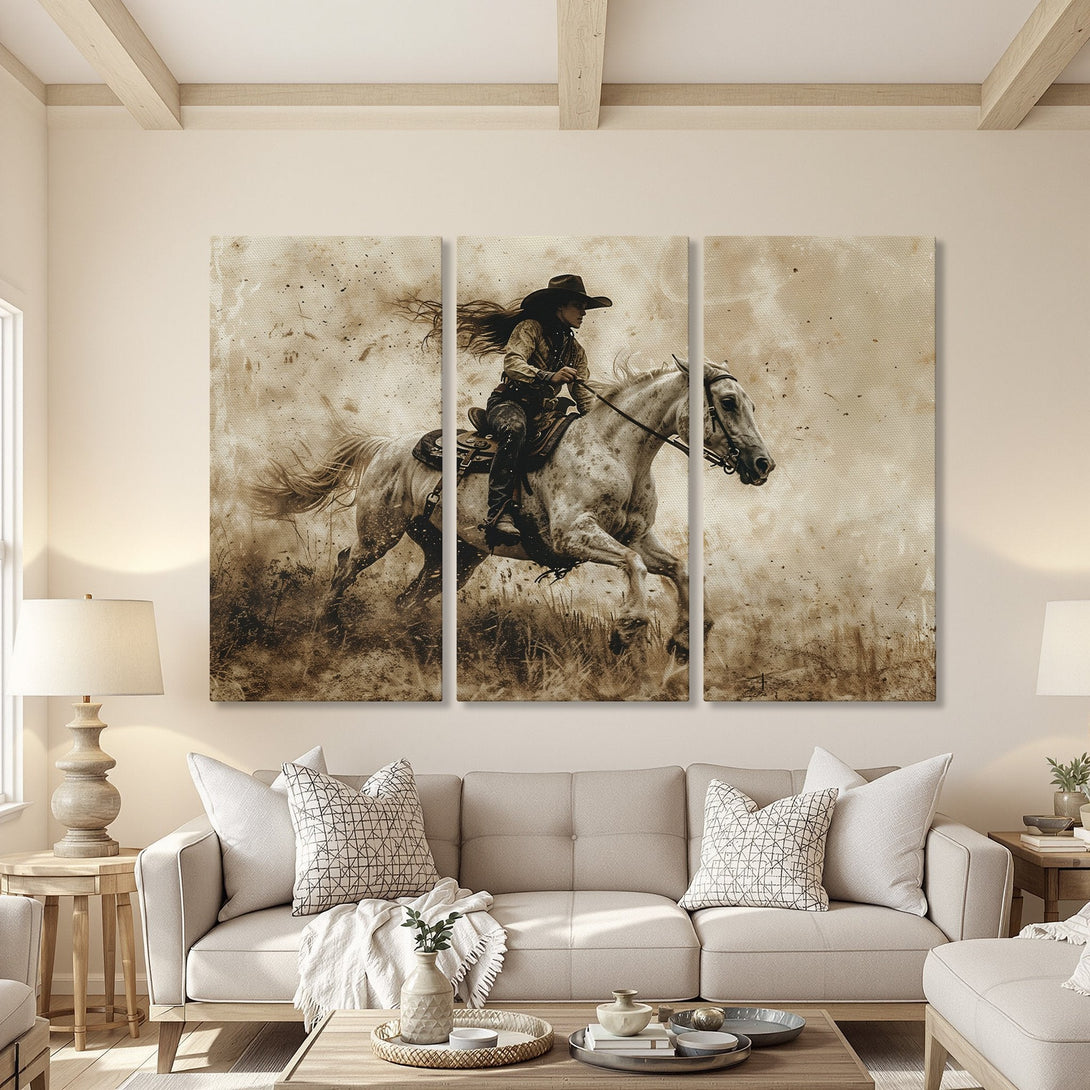 Canvas Print of a cowgirl riding a horse, sepia tones. Rustic western art for home decor.