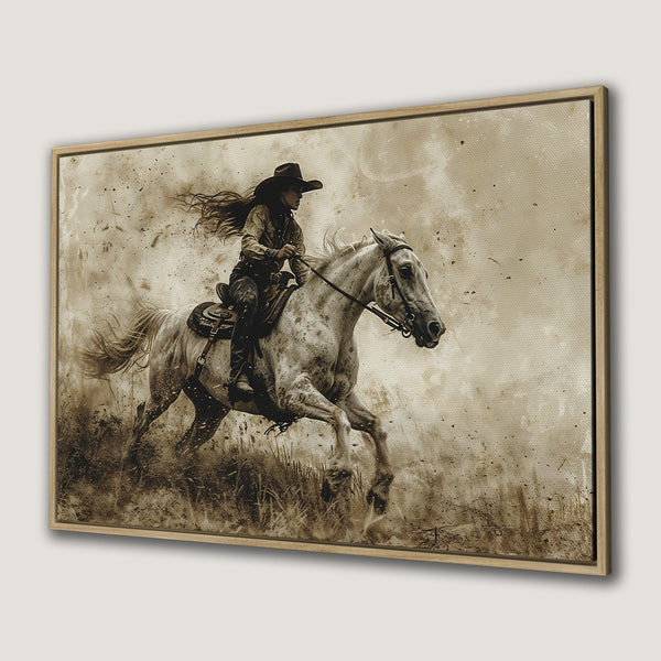 Canvas Print of a cowgirl riding a horse, sepia-toned art. Rustic style framed wall art with neutral color palette for western decor.
