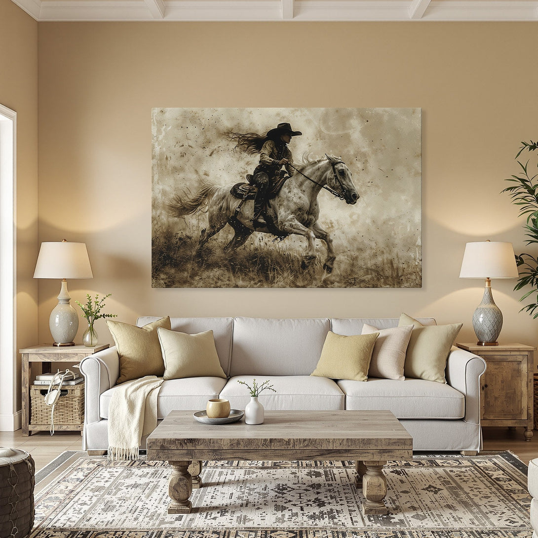 Framed Wall Art: Western-style Canvas Print of a cowgirl riding a horse. Sepia tones create a rustic, vintage feel. Perfect for home decor.
