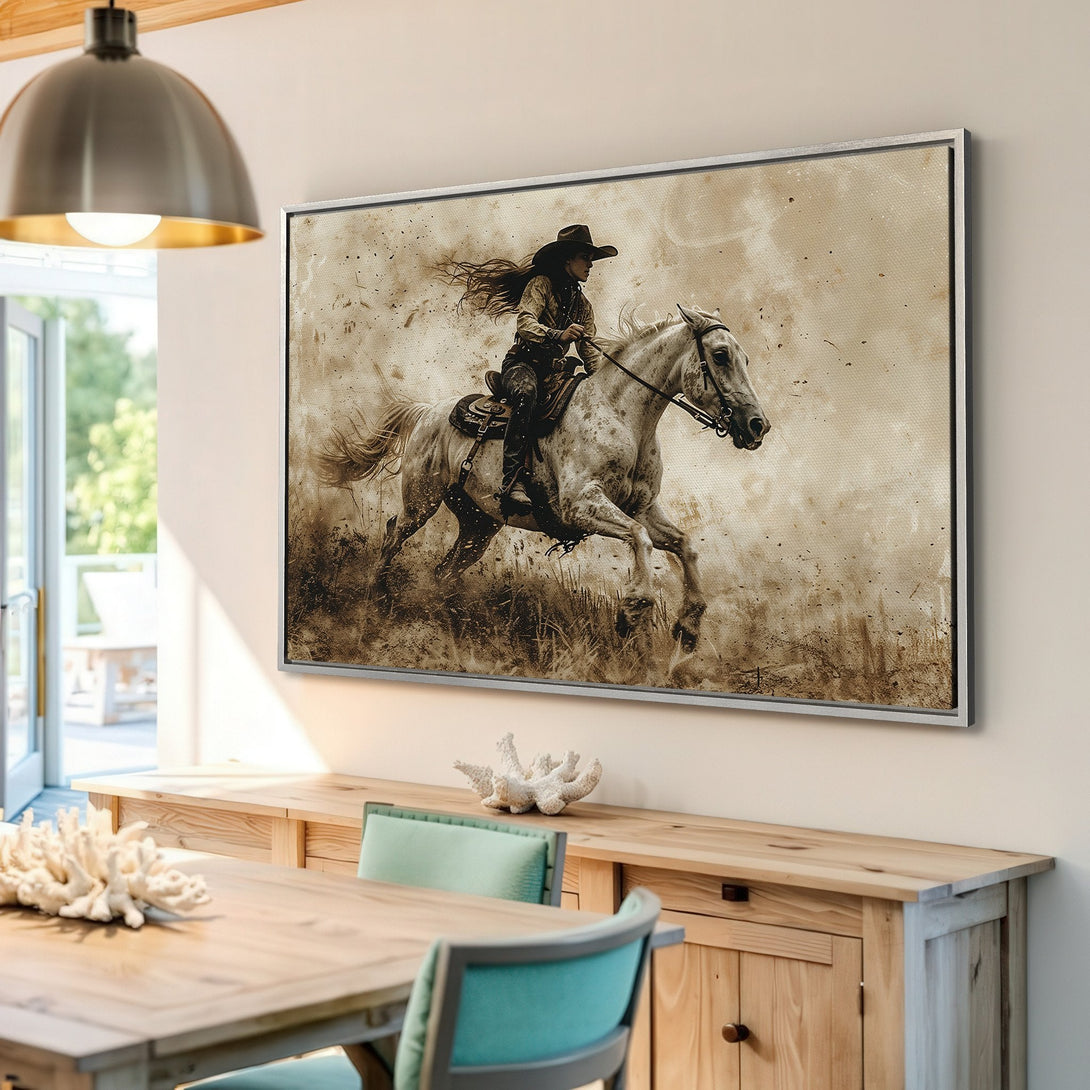 Framed Wall Art: Western-style canvas print featuring a cowgirl riding a horse in sepia tones. Rustic decor for your home.