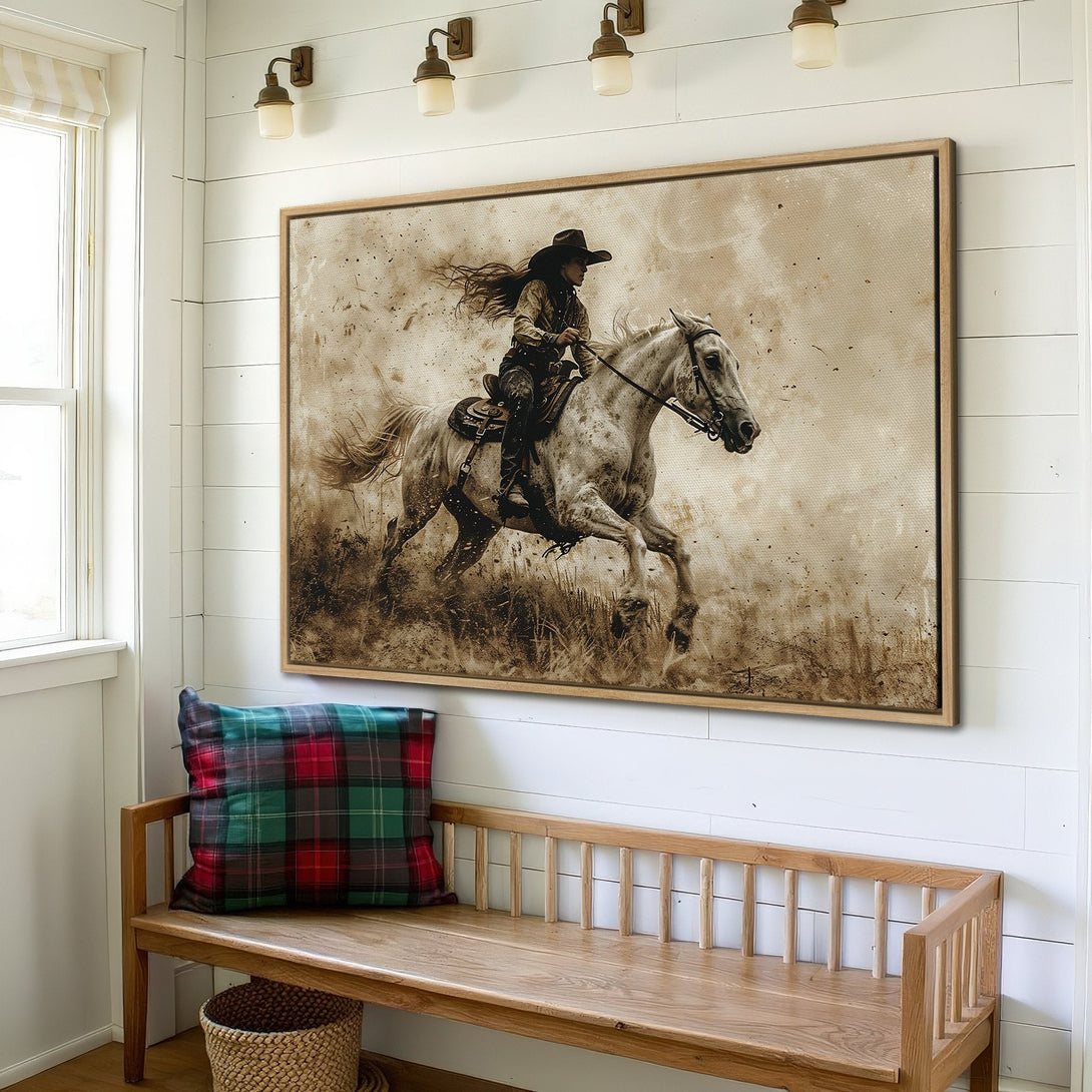 Framed Wall Art: Dynamic sepia-toned canvas print of a cowgirl riding a horse. Rustic style with neutral tones, perfect for adding western flair.