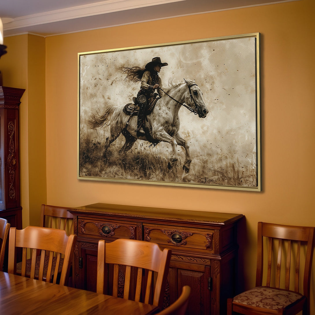 Canvas Print of a cowgirl on a horse, sepia-toned art perfect for rustic decor. Adds a touch of the wild west to any space.