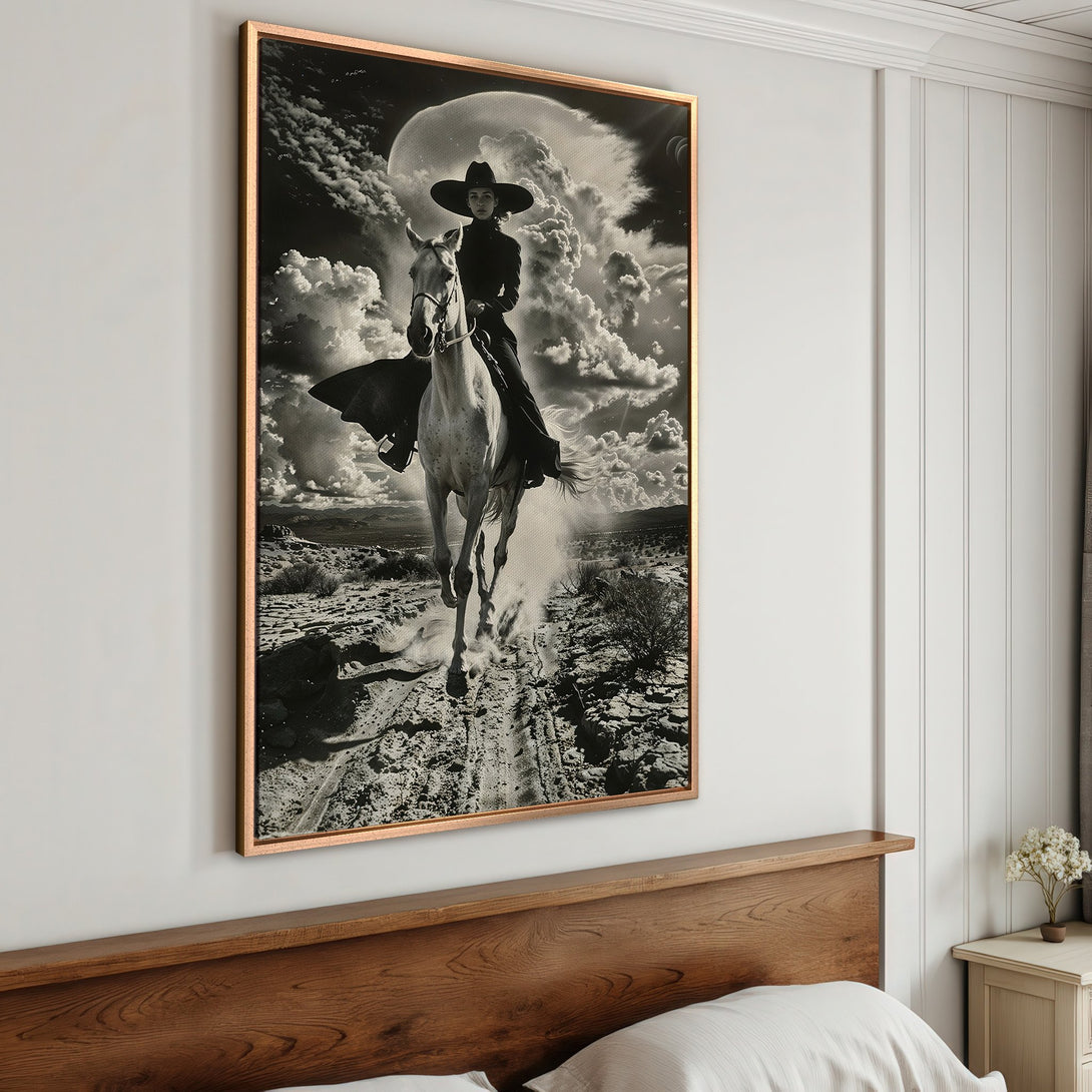 Framed Wall Art: Black and white portrait of a woman on horseback. Dramatic, vintage-inspired style. Perfect for adding a touch of elegance.