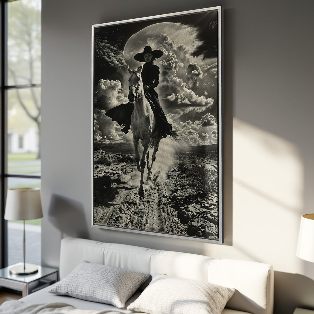 Framed Wall Art: Dramatic black & white canvas print of a cowgirl on horseback. Perfect for adding a touch of Western style to your bedroom decor.