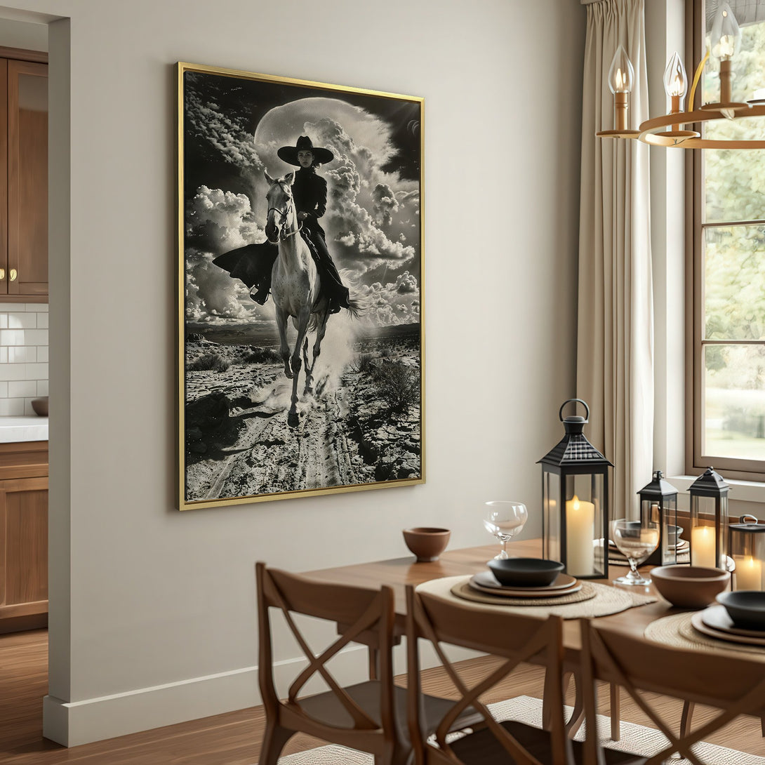 Canvas Print of a cowgirl on horseback, dramatic black and white photography, showcased in a rustic interior. Perfect wall art for a statement piece.
