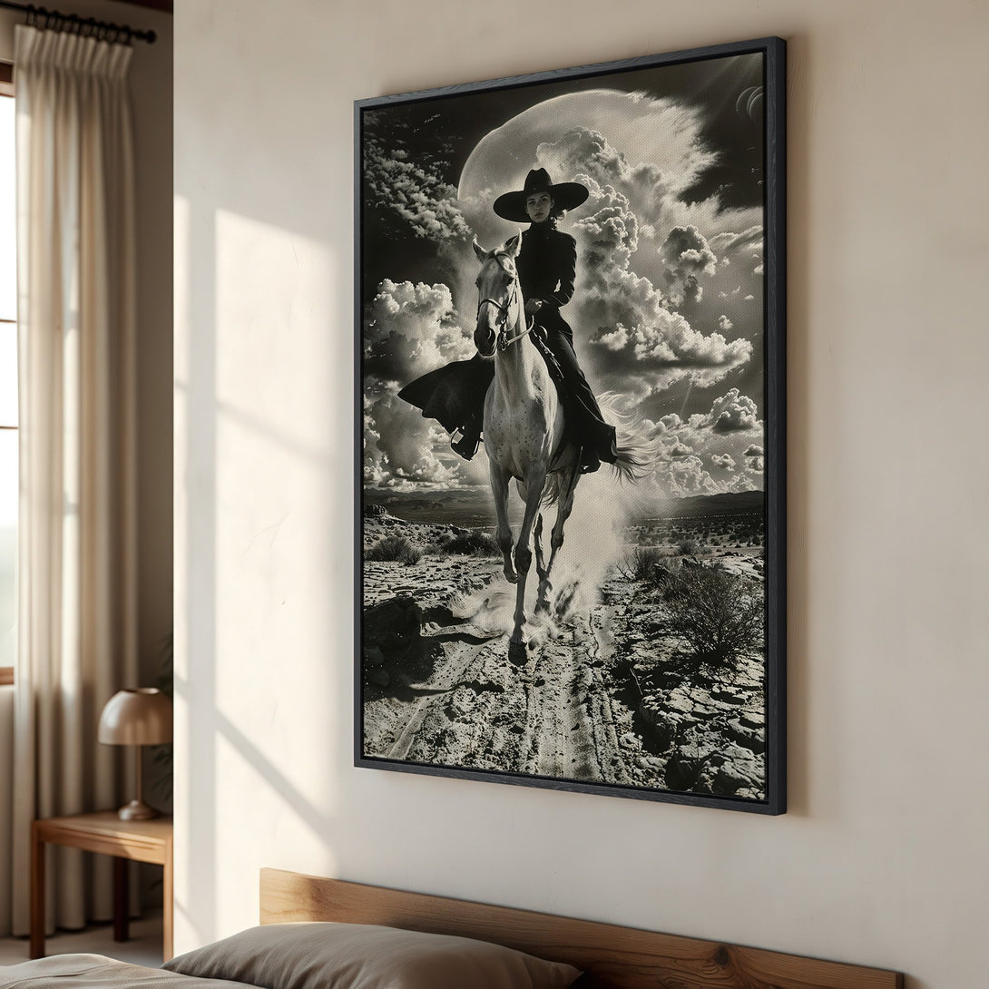 Framed Wall Art: Dramatic black and white photo of a cowgirl on horseback. Vintage style Canvas Print adds a touch of western elegance to any space.