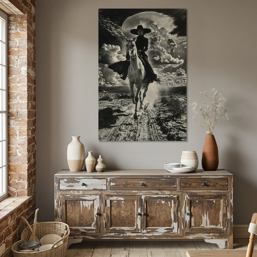 Framed Wall Art: Black and white print of a woman on horseback. Dramatic western style art with a gold frame, perfect for home decor.