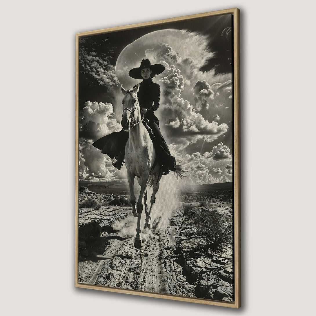 Framed Wall Art: Dramatic black and white image of a woman on horseback in a desert landscape. Vintage style canvas print perfect for any space.