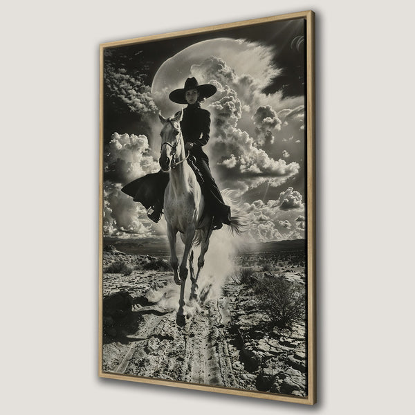 Framed Wall Art: Dramatic black and white image of a woman on horseback in a desert landscape. Vintage style canvas print perfect for any space.