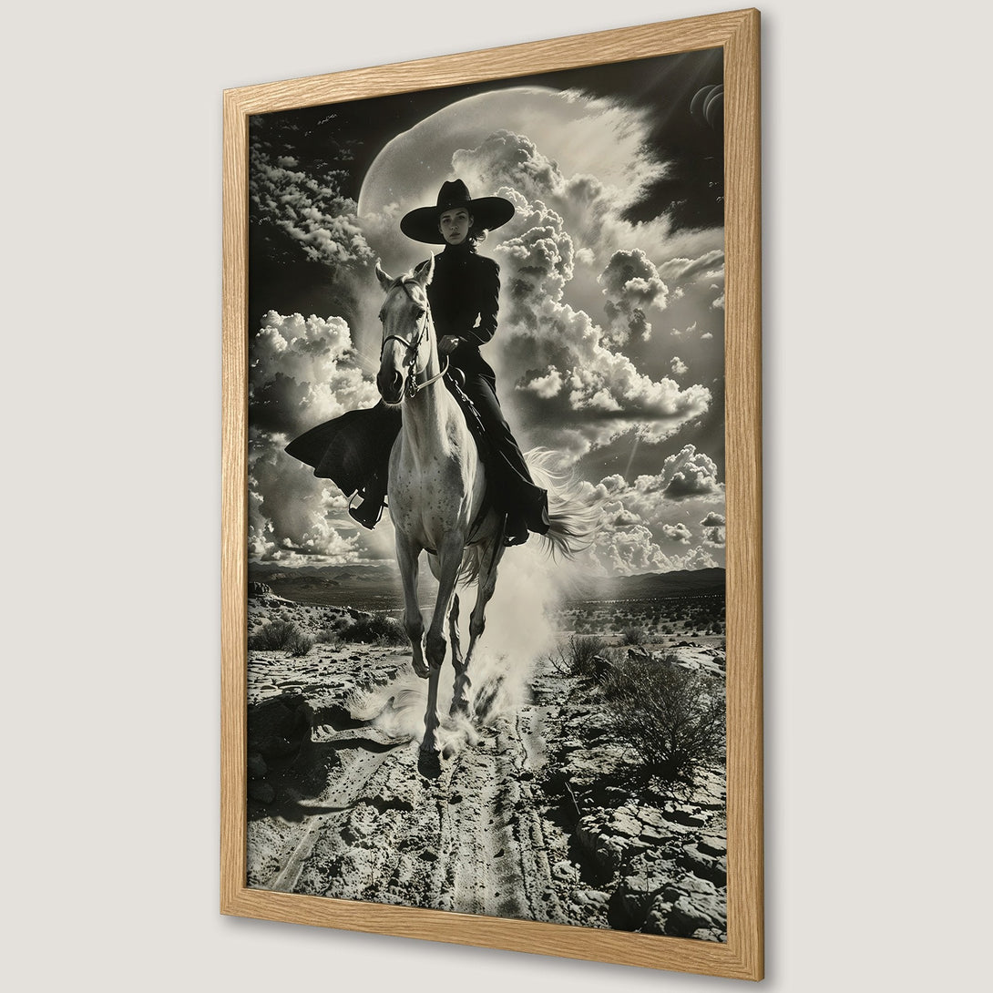 Framed Poster featuring a woman on horseback in a dramatic black and white style, set against a cloudy sky. Perfect wall art.