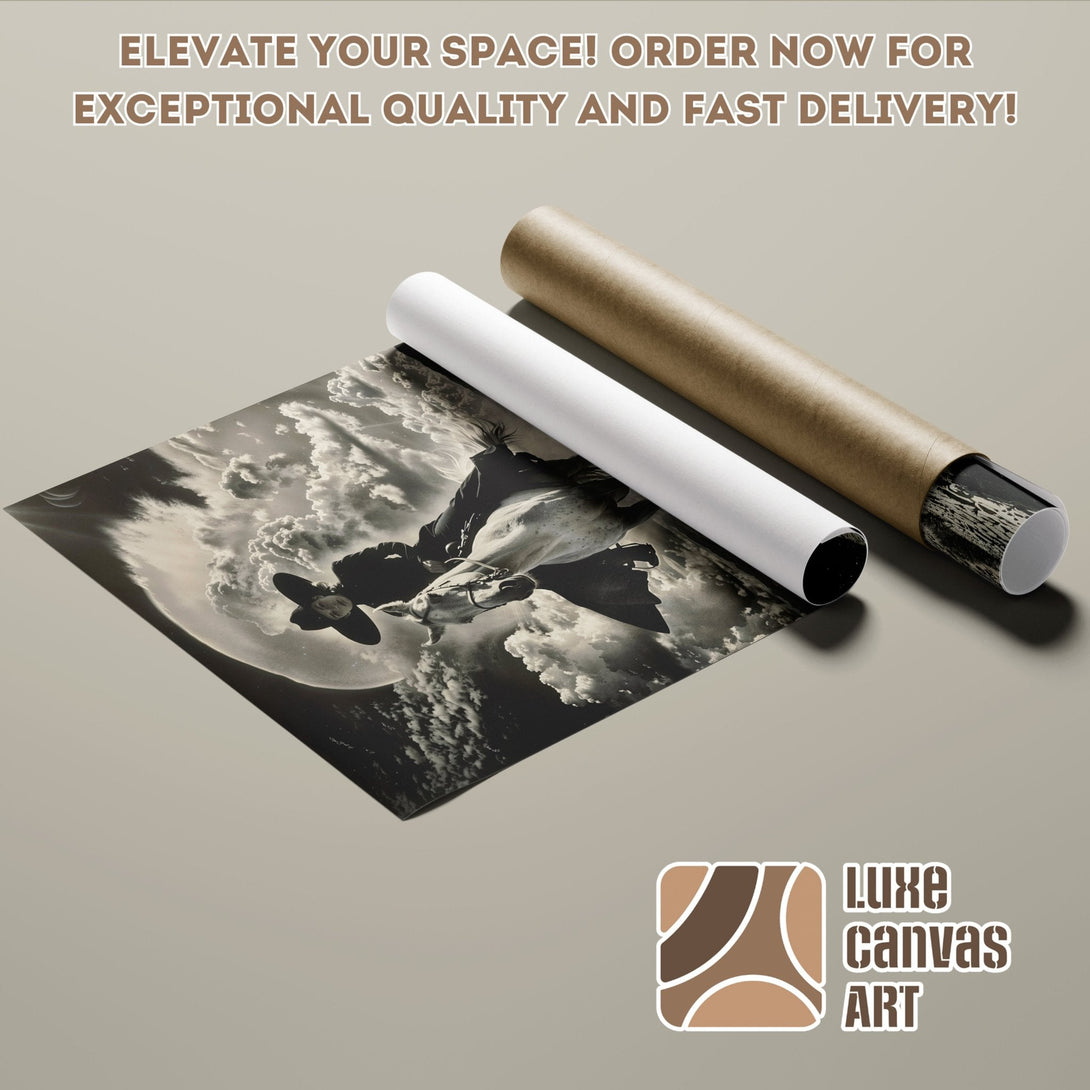 Poster Roll featuring a black and white horse art print. Neutral color palette, perfect for home decor.