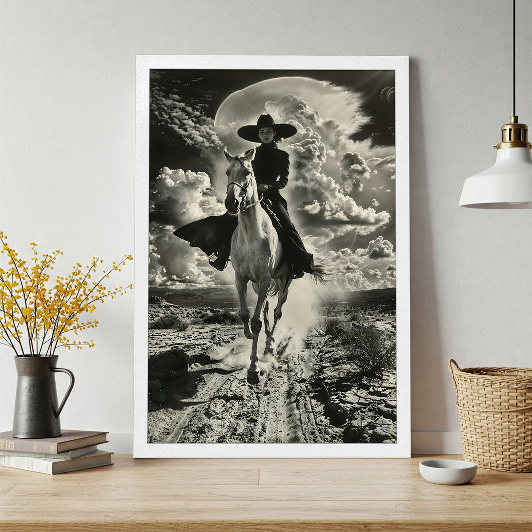 Framed Poster of a woman on horseback in a dramatic, black & white style. Desert landscape with a vintage, artistic aesthetic.