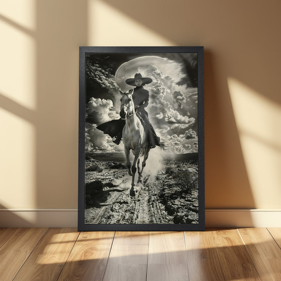 Framed Poster: Cowgirl on Horseback, dramatic black and white art print. Perfect for western decor.