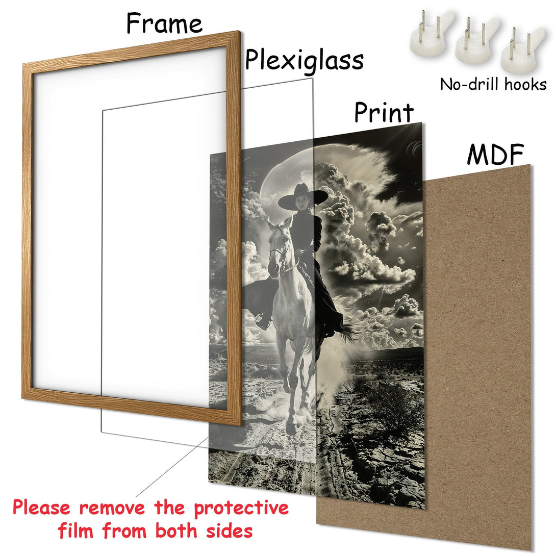 Framed Poster featuring a woman on a white horse in a monochrome style. Elegant wall art with a vintage aesthetic.