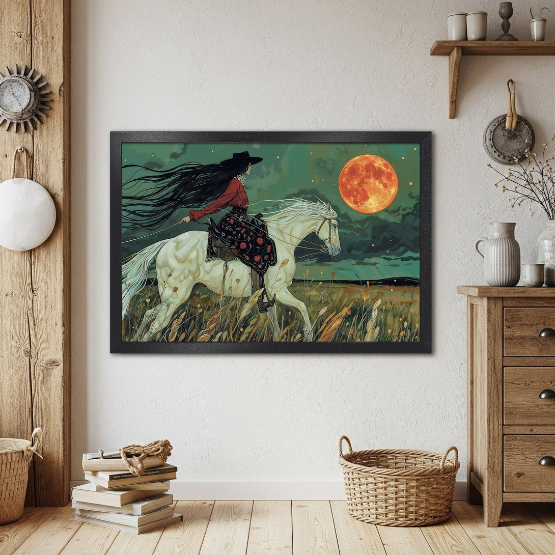 Framed Poster featuring a woman riding a white horse under a red moon. Stylized art with a dark green and orange color palette.