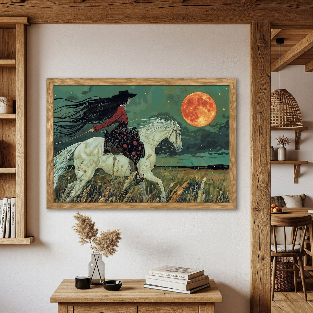 Framed Poster featuring a woman riding a white horse under a red moon. Artistic style with teal, red, and earthy tones. Add this stunning art to your wall!