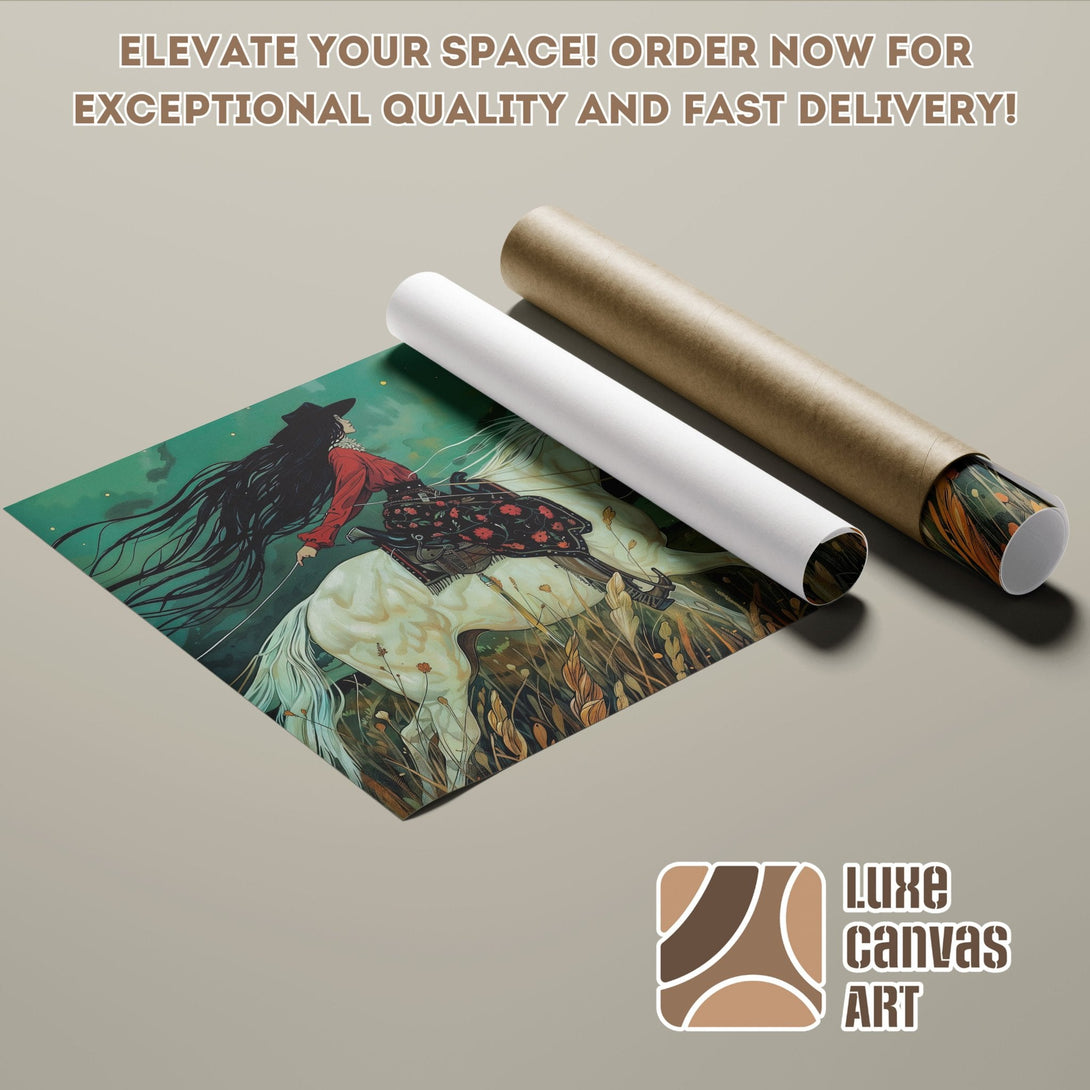 Poster Roll featuring a woman on a white horse, artistic style, green and earthy tones. Order now!