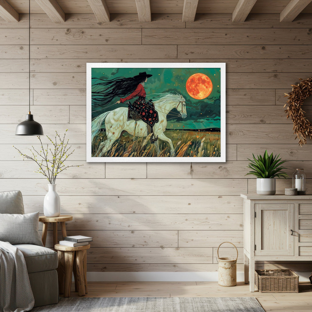 Framed Poster featuring a woman on a white horse under a red moon. Artistic style, vibrant colors. Perfect wall art for your home.