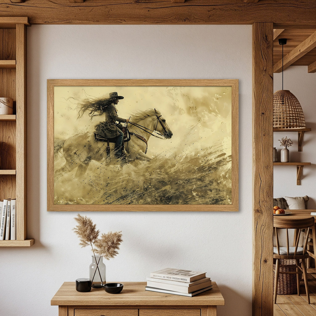 Framed Poster of a cowgirl on a horse, artistic style with sepia tones. Add a touch of the Wild West to your home!