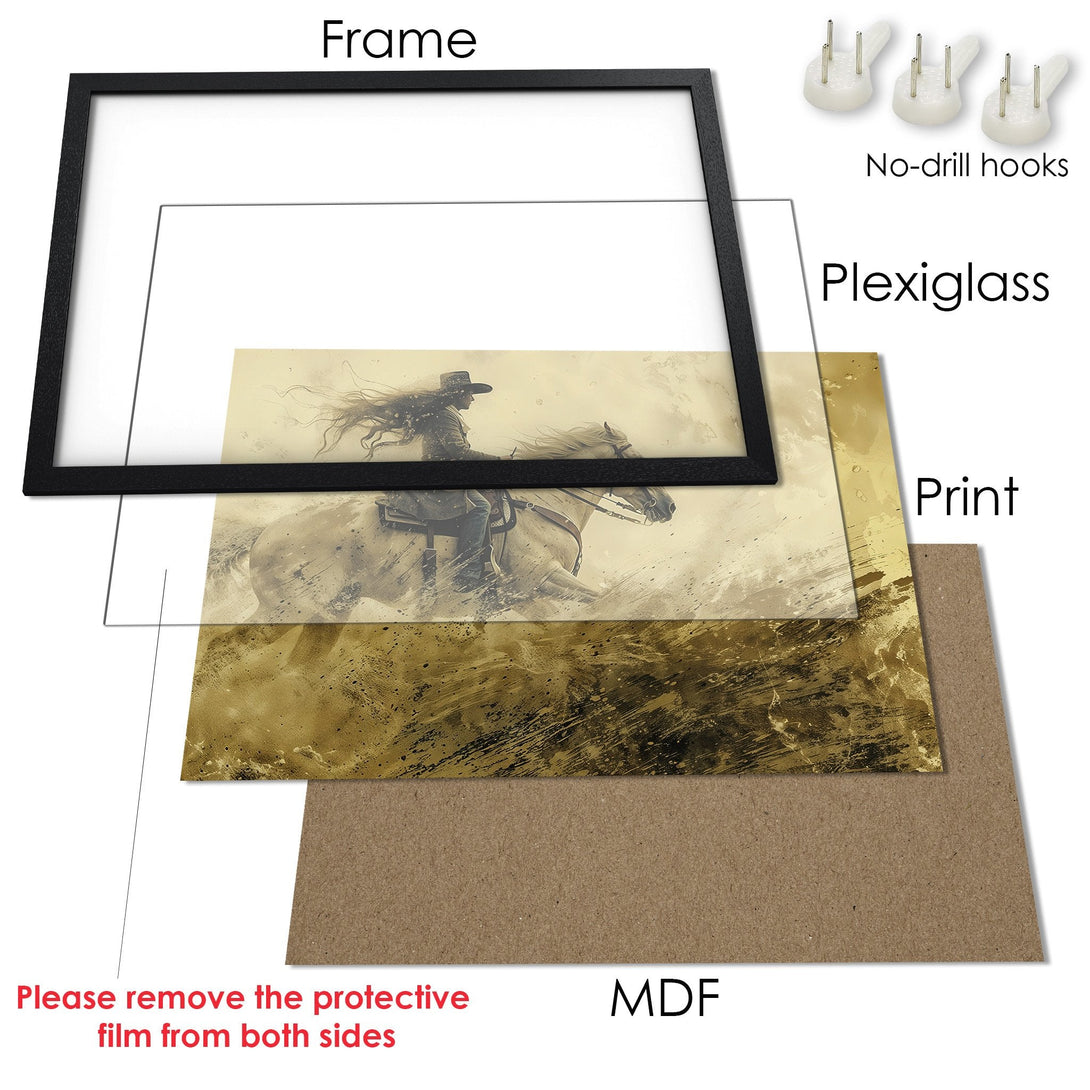 Framed Poster featuring a cowboy on a horse, in a sepia-toned, artistic style. Perfect wall art for your home!