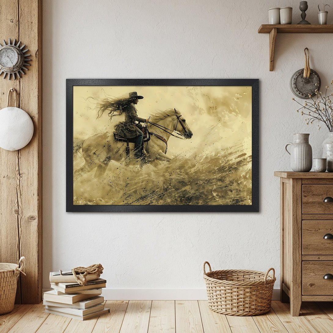 Framed Poster of a cowgirl riding a horse, artistic style with a sepia color palette, perfect for western decor.