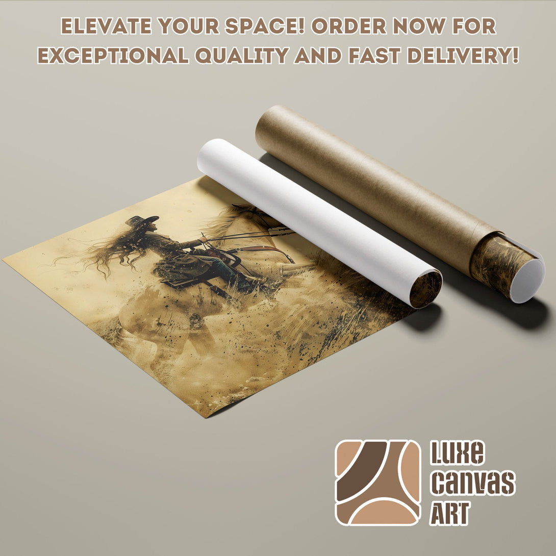 Poster Roll featuring a cowboy on a horse in sepia tones. Elevate your space with Luxe Canvas Art!