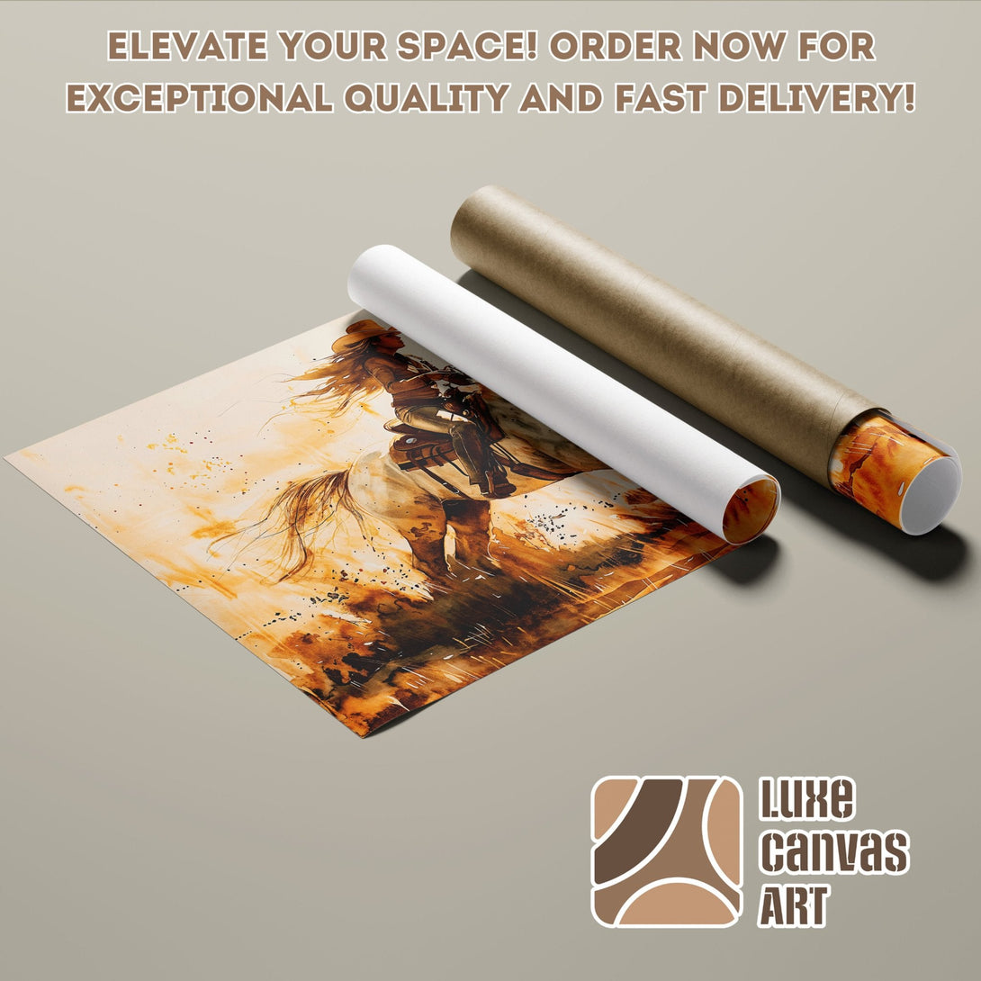 Poster Roll featuring a watercolor cowboy riding a horse, warm earth tones.