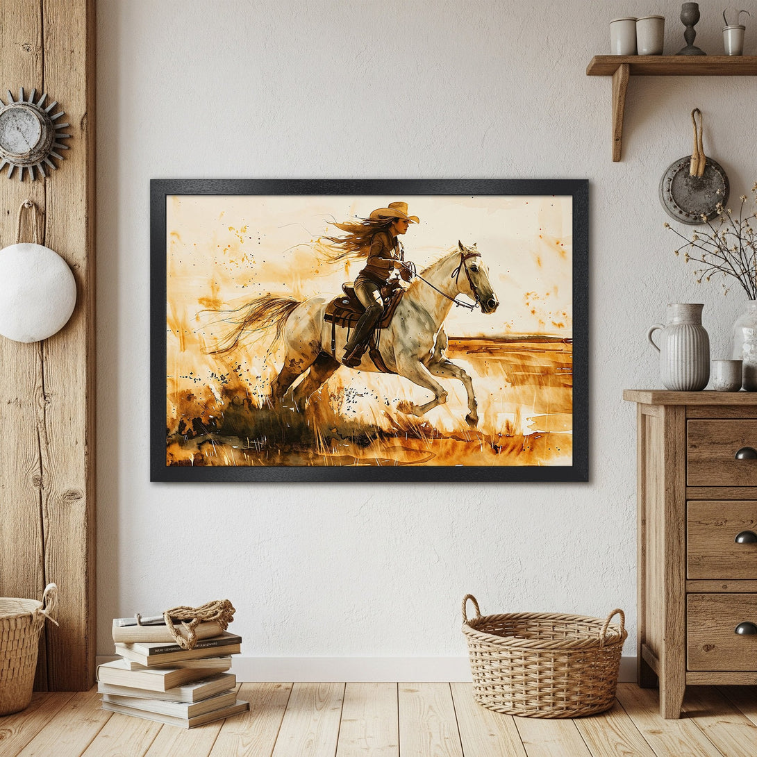 Framed Poster of a cowgirl riding a horse. Watercolor style, warm sepia tones. Perfect western decor.