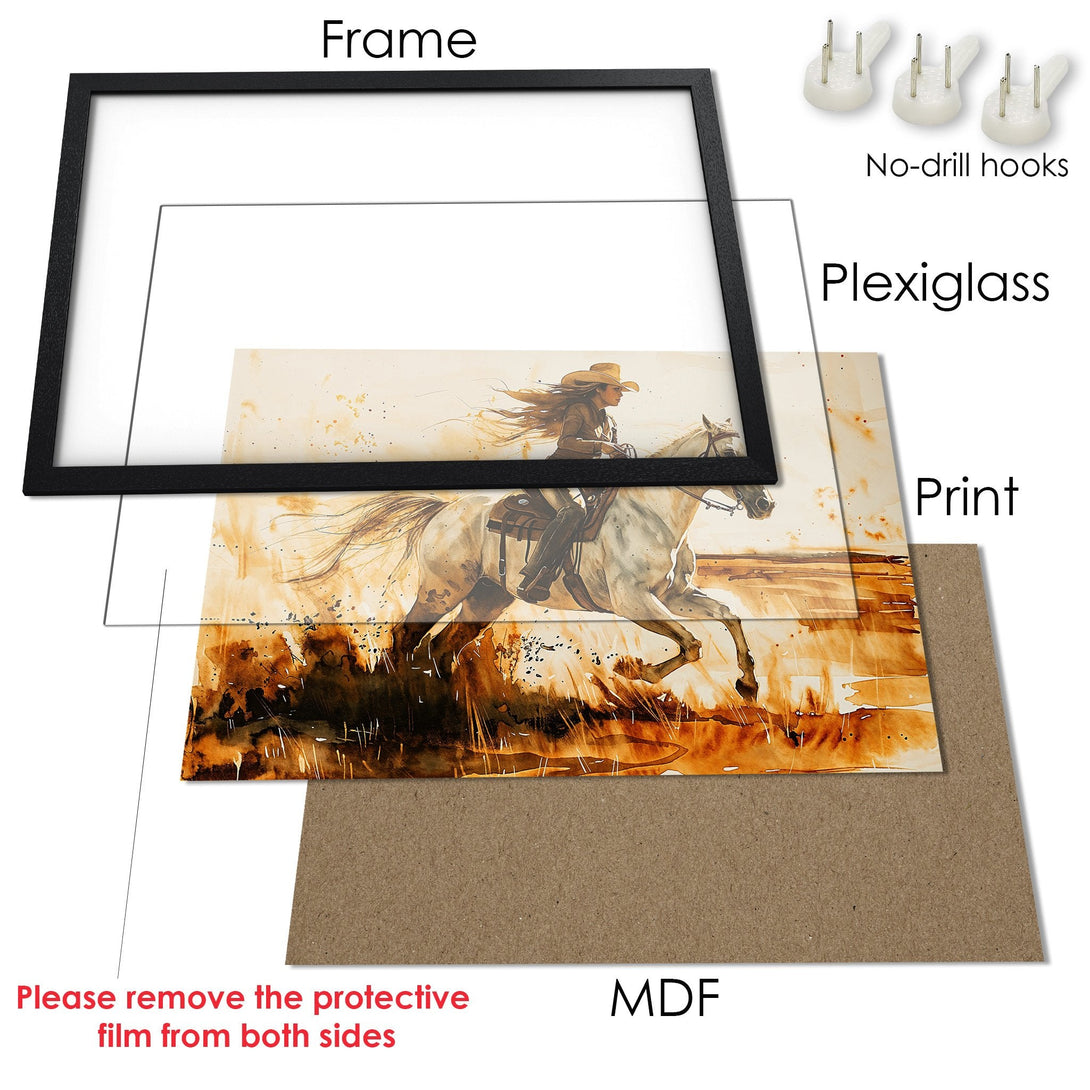 Framed Poster featuring a watercolor painting of a cowgirl on a horse, warm earth tones. Add Western charm to your space!