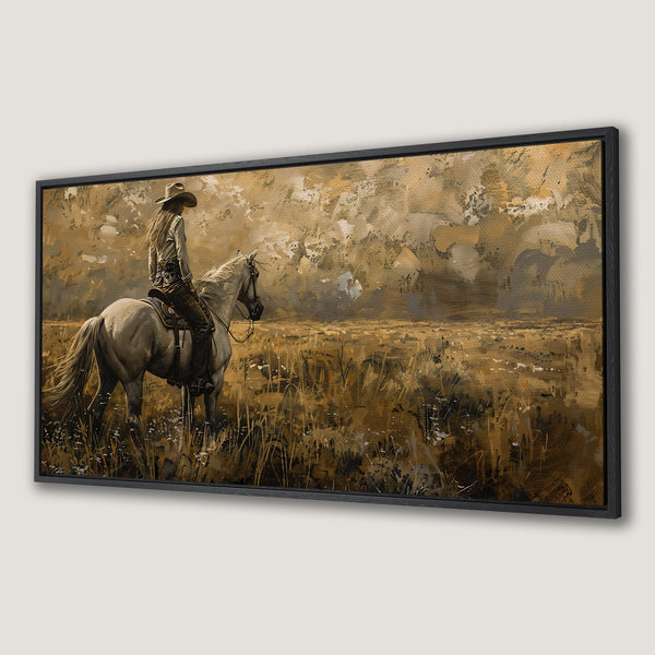 Framed Wall Art: Cowboy on horseback in a sepia-toned landscape painting. Rustic artwork with warm, earthy tones, perfect for western decor.