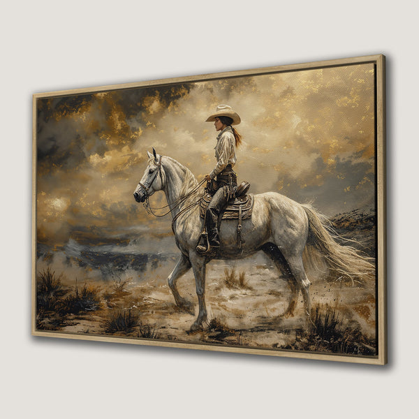 Framed Wall Art: Western-style canvas print of a cowgirl riding a white horse. Features a warm, earthy color palette with gold accents. Perfect for rustic decor.