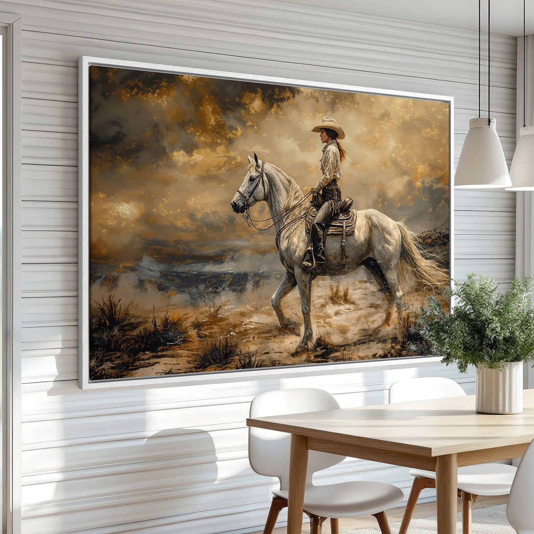 Framed Wall Art: Stunning painting of a cowgirl on horseback, featuring a warm, golden color palette. Rustic style canvas print perfect for home decor.