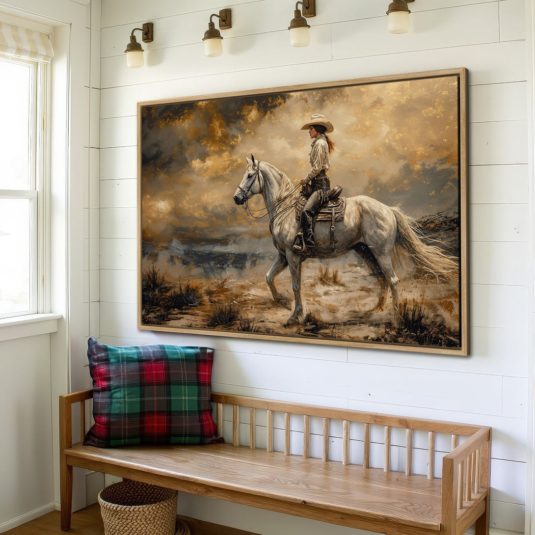 Framed Wall Art: Stunning canvas print of a cowgirl on horseback, showcasing a warm, golden color palette. Perfect for adding rustic charm to any space.
