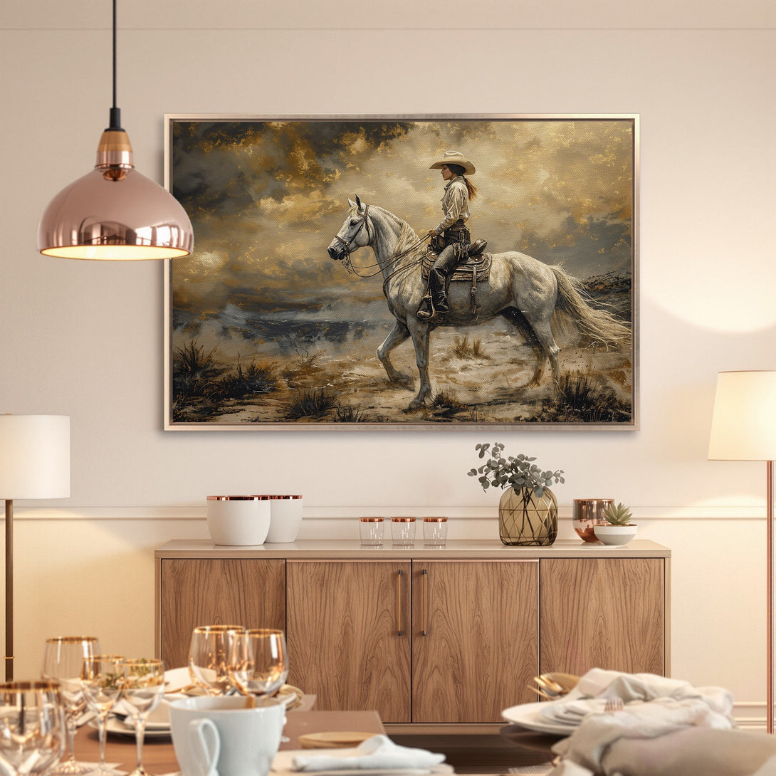 Framed Wall Art: Cowboy riding a white horse. Rustic style with a warm, earthy color palette. Perfect for adding a touch of Western charm to your home.