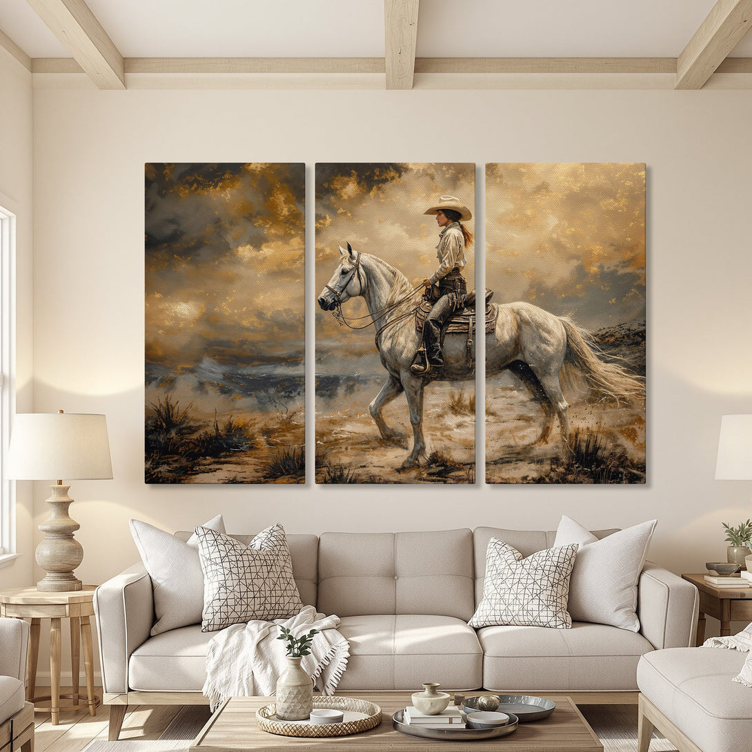 Canvas Print: Western-style art featuring a cowgirl on a white horse, displayed in a warm, neutral-toned interior. Earthy color palette.