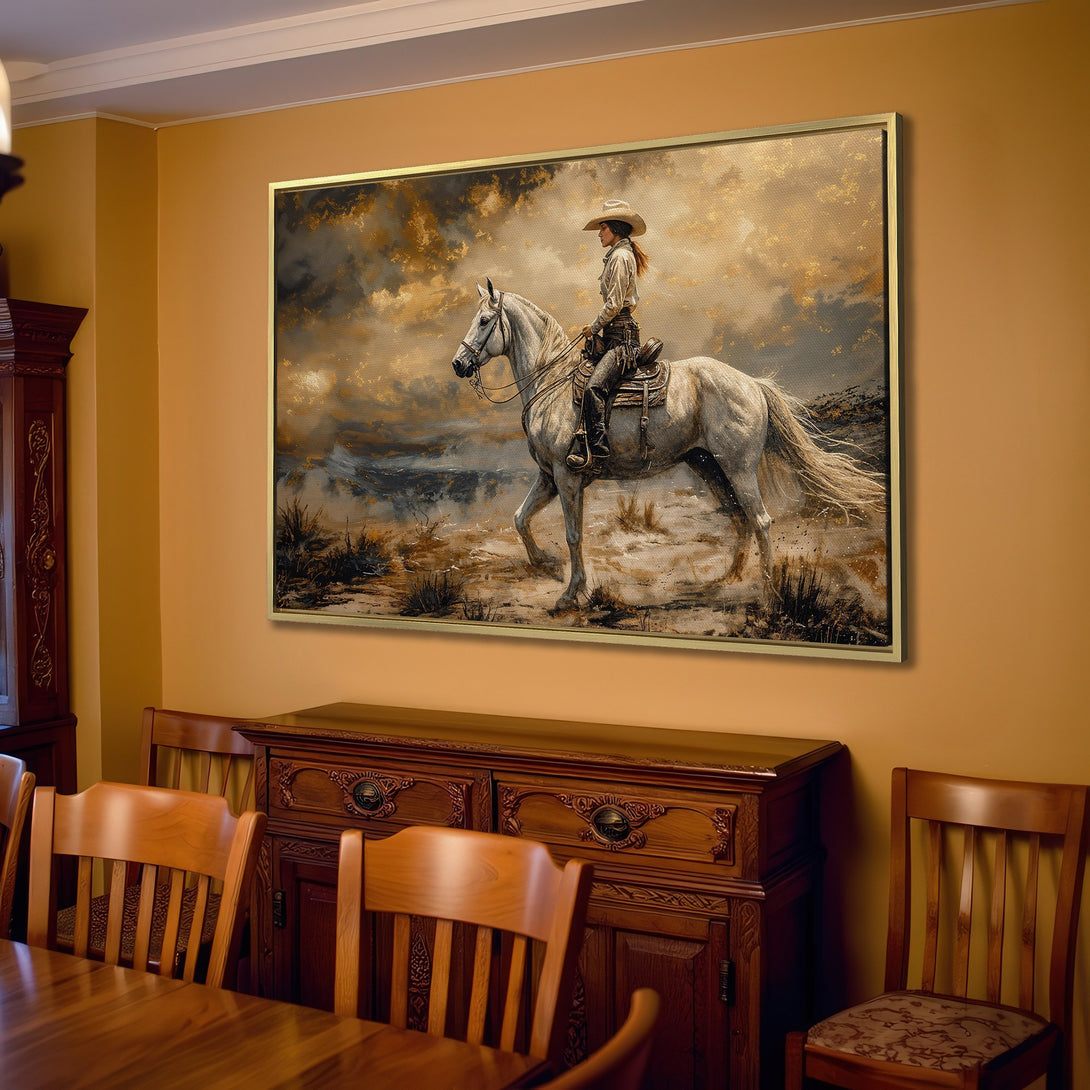 Canvas Print: Western-style artwork of a cowboy on a white horse, warm gold and neutral color palette, perfect for rustic home decor.