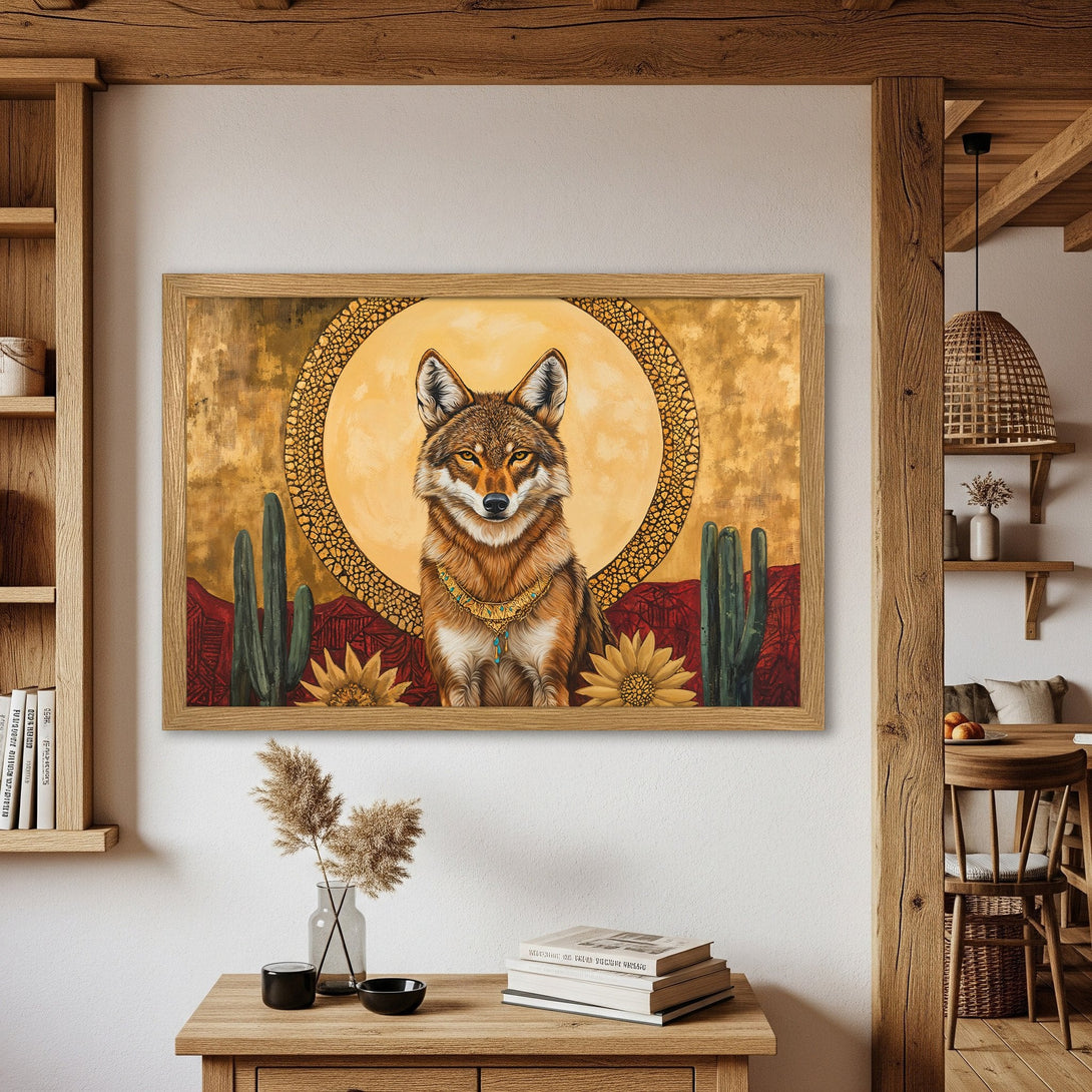 Framed Poster featuring a coyote in a Southwestern style with warm gold, red, and green tones. Add a touch of the desert to your home!