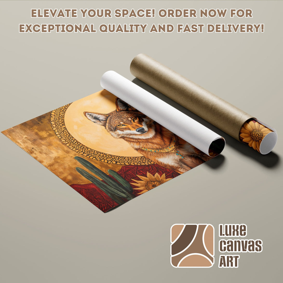 Poster Roll featuring a coyote in warm, earthy tones. Southwestern art style.