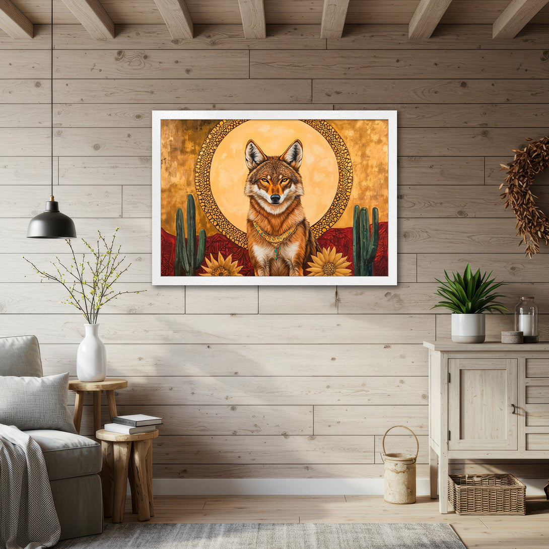 Framed Poster featuring a coyote in a Southwestern style with warm earth tones and a golden sun backdrop. Perfect wall art!