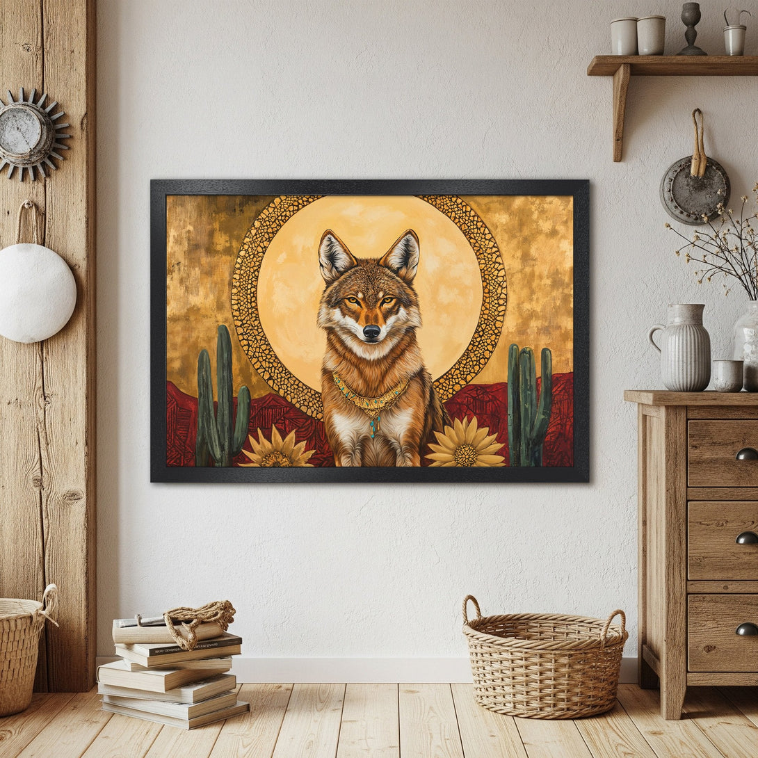 Framed Poster featuring a majestic coyote in a desert landscape, warm gold and red tones. Add a touch of nature to your home!