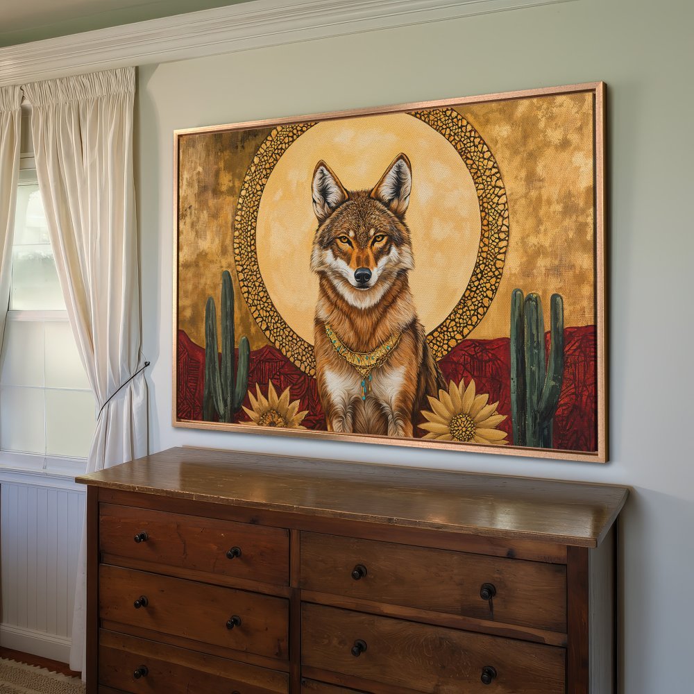 Framed Wall Art: Stunning coyote portrait in warm gold and red tones. Southwestern style Canvas Print for a unique home decor statement.